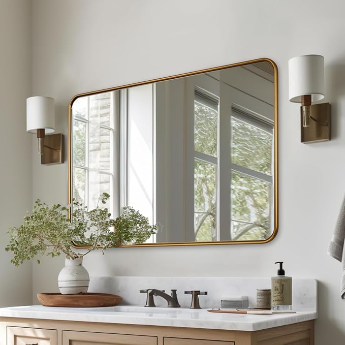 ANDY STAR Bathroom Mirror for Wall, 30x40 Inch Gold Rectangle Mirror for Bathroom with Rounded Corner, Modern Brushed Brass Vanity Rectangular Mirrors with Tube Metal Frame, Wall Mounted