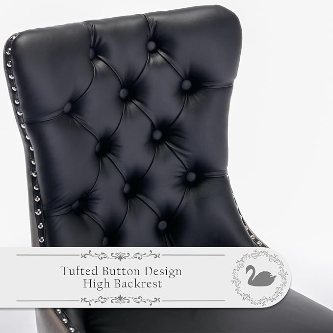 Leather Upholstered Dining Chairs Set of 6, Modern Style Kitchen Side Chairs with Nailhead Trim and Wood Leg, Metal Pulling Ring for Dining Room Living Room(Black&Grey,Set of 6)
