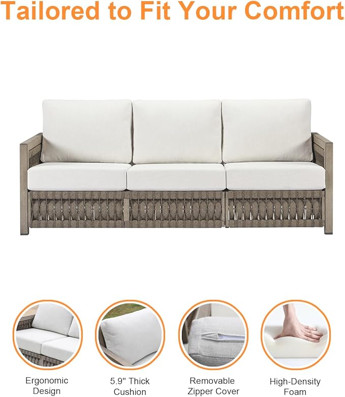 3 Seats Outdoor Sofa, Aluminum Patio Sofas with Washable Cushions, 3-Seater Rope Weave Outside Patio Couch, Deep Seating Outdoor Sofa Furniture for Garden, Decks, Porch, Balcony, Gray Oak