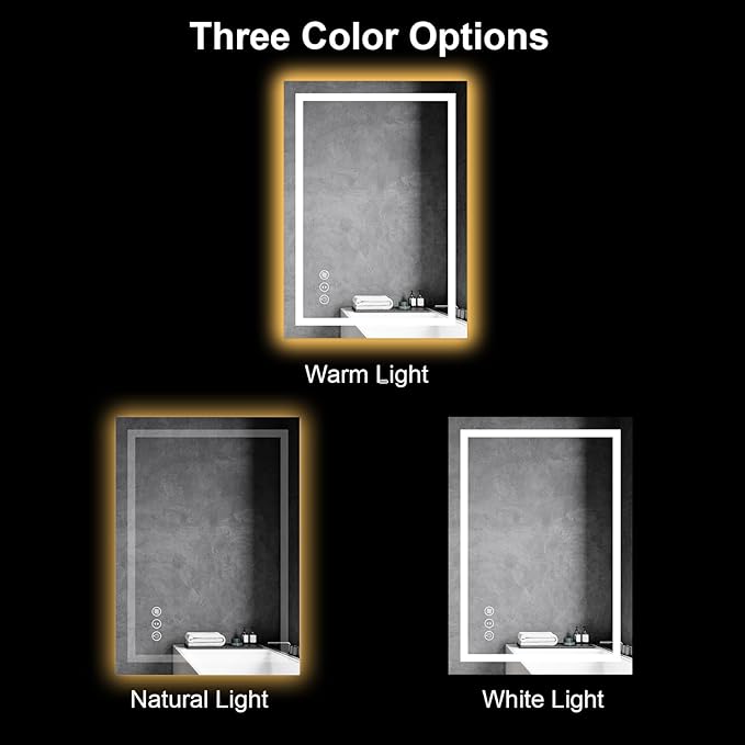 Awoco 20''x28'' LED Bathroom Mirror with Light, Lighted Vanity Mirror with Backlit and Front Light, Dimmable Anti-Fog Memory Function Lighted Mirror with 3 Colors for Bathroom Wall
