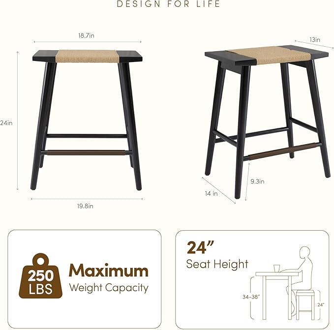 Thor Wicker Premium Solid Wood Counter Stool 24", Backless Counter Height Seating with Hand-Knitted Rope, Eco-Friendly Modern Design (Midnight Charcoal)