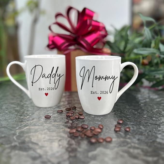 Dnuiyses EST 2026 New Daddy Mommy Mugs Set Gift for New Parents, First Time Dad Mom 2026 Gifts, Baby Reveal Pregnancy Announcement Mug Gift for Parents to be Gifts