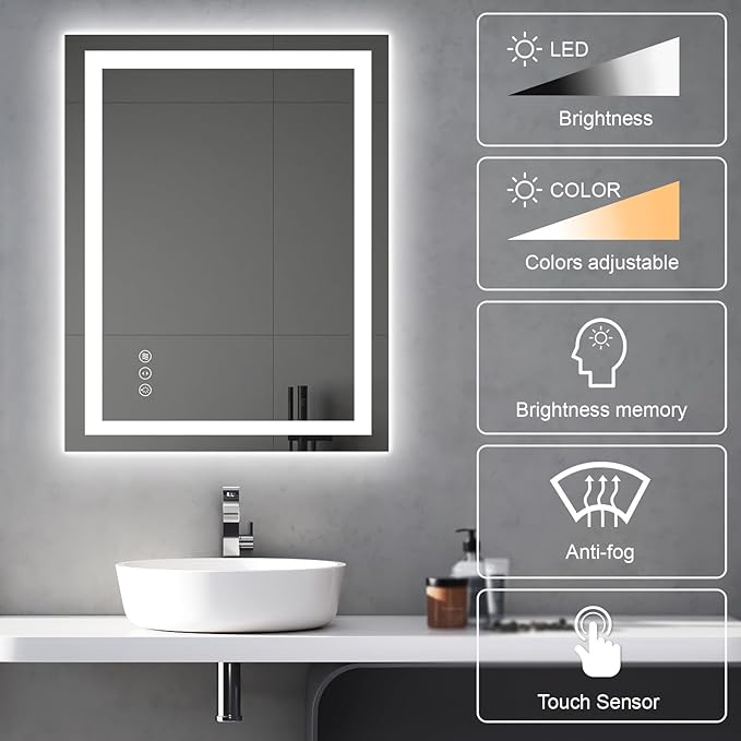 Awoco 28''x36'' LED Bathroom Mirror with Light, Lighted Vanity Mirror with Backlit and Front Light, Dimmable Anti-Fog Memory Function Lighted Mirror with 3 Colors for Bathroom Wall