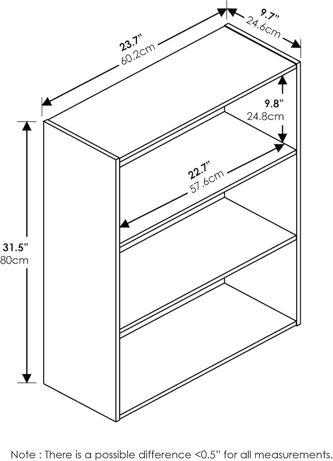 Furinno PASIR Book Shelf, 3-Tier Bookshelf, Storage Shelves Bookcase, 9.7 x 23.7 x 31.5, for Living Room, Bedroom, Home Office, Espresso