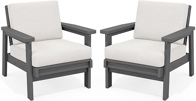 SERWALL HDPE Outdoor Couch Set of 2, All-Weather Wood-Like Outdoor Patio Furniture Set, Outdoor Sofa Chairs with Khaki Cushions