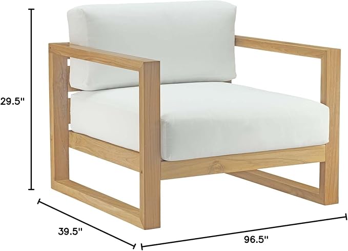 Modway Upland Teak Wood Outdoor Patio 3-Piece Sectional Sofa Set with Cushions in Natural White