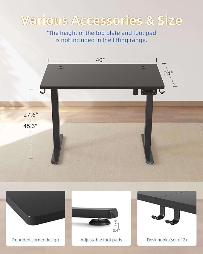 YIHAYO Electric Standing Desk, 40 x 24 Inches Stand Up Desk with Splice Board, Adjustable Height Desk, Computer Desk for Home Office, Black Frame/Black Top