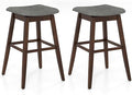 COSTWAY Swivel Bar Stools Set of 2, 30-inch Height Backless Upholstered Chairs with Padded Contoured Seat, Rubber Wood Legs, Footrest, Linen Fabric Barstools for Kitchen Counter Island, Grey+Brown