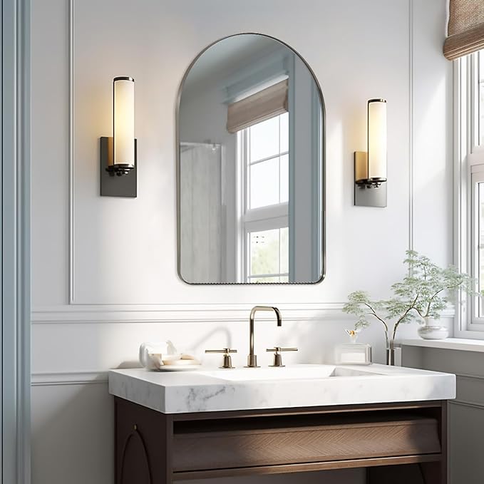 ANDY STAR Arched Mirror, 24 x 36 Inch Brushed Nickel Bathroom Mirror with Stainless Steel Metal Frame, Arch Top Rounded Corner 1 Inch Deep Set Design Wall Mount Hangs Vertical