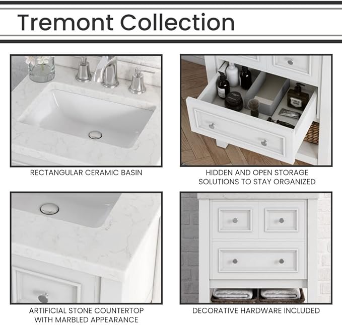 Hanover Tremont 24'' Vanity Cabinet with Sink Combo for Bathroom, Powder Room | Pre-Assembled Cabinet | 1 Drawer, Bottom Shelf | Artificial Stone Countertop | White Cabinet | HANVN0107-24-1WH