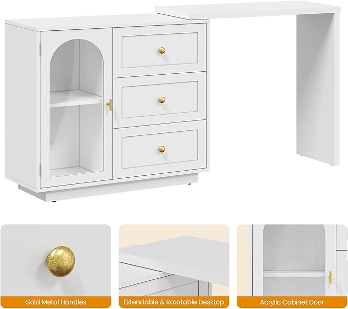 RoyalCraft L Shaped Home Office Desk, Extendable and Rotatable Desk with 3 Drawers and Door, Corner Computer Desk, Modern Study Writing Table for Bedroom, Home Office, White