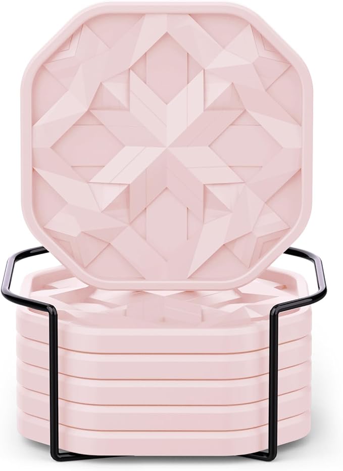 UMIRRO Silicone Cup Coasters for Drinks with Tailored Holder, Coffee Table Centerpiece, Modern Home Bar or Aesthetic Kitchen Essentials, Pink House Decor Gifts, Set of 6