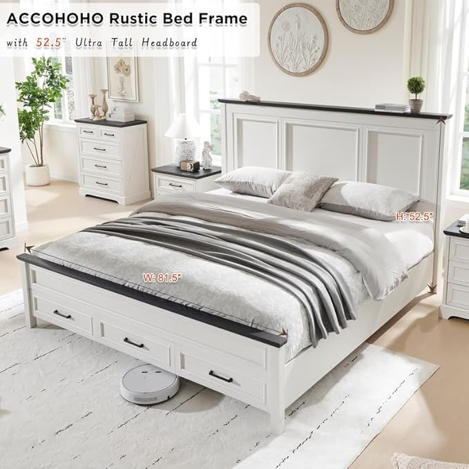 ACCOHOHO Farmhouse Queen Size Bed Frame with 52" Tall Headboard, Wood Platform Bedframe with Footboard and Storage Drawers, No Squeak, No Box Spring Needed, Off White