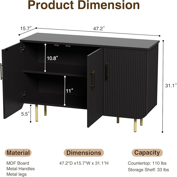 Modern Fluted Black Storage Cabinet with 3 Doors, Adjustable Shelves, and Metal Legs, Accent Buffet Sideboard for Living Room, Dining Room, Entryway (Black & Gold)