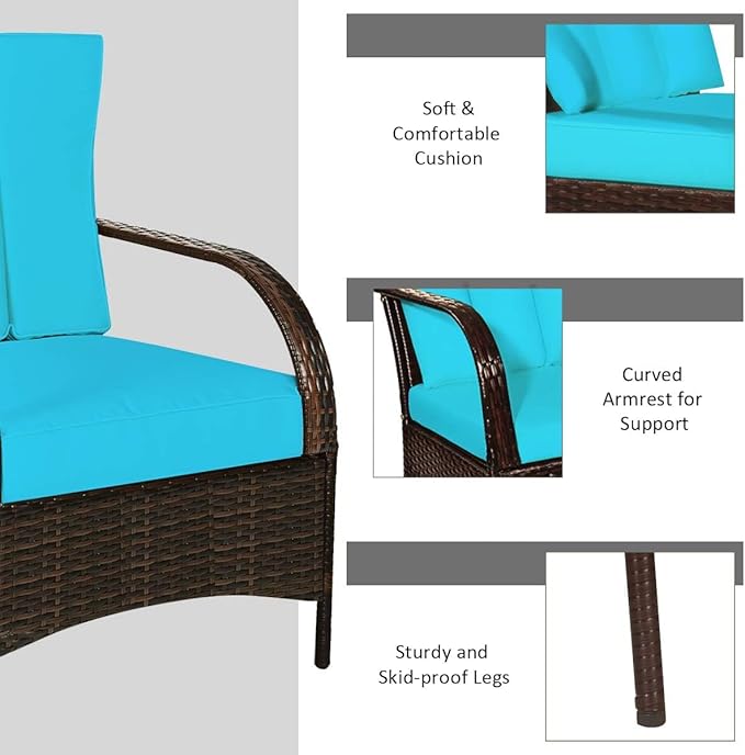 COSTWAY 3 Pieces Patio Rattan Furniture Set, Outdoor Conversation Chair Set with Coffee Table & 2 Cushions for Backyard, Porch, Poolside, Lawn, Garden, Turquoise
