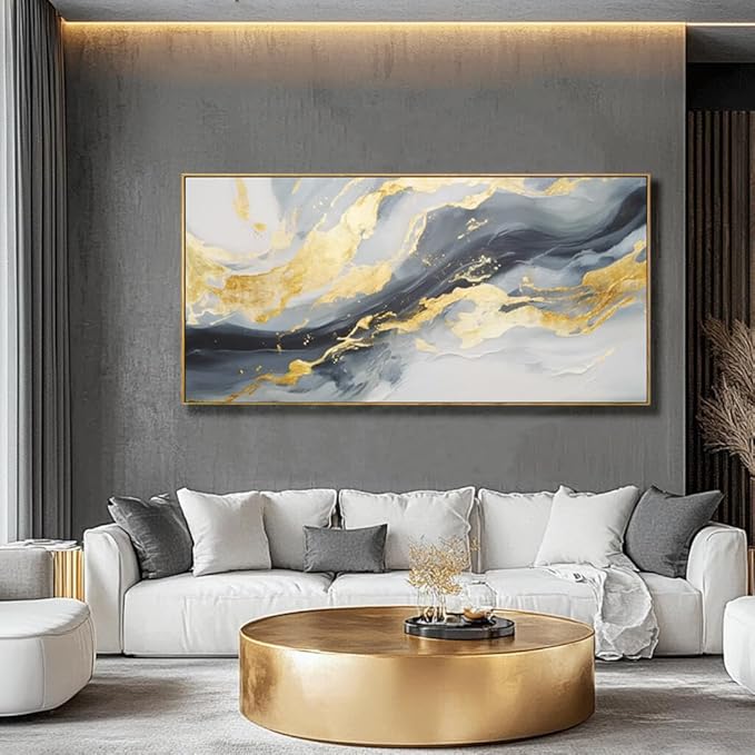 SDYA Wall Art for Living Room Abstract Wall Art Blue and White Pictures Canvas Wall Art 48x24 Inch Gold Wall Decor Line Artwork Home Office Decor