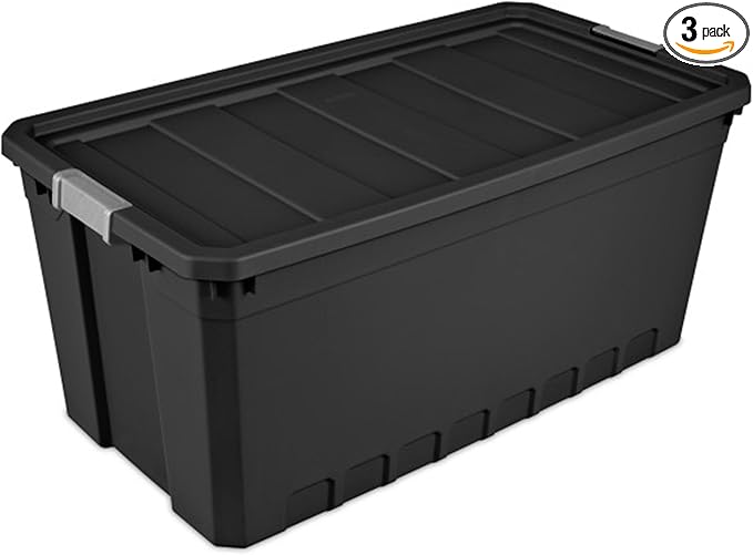 Sterilite 3-Pack Storage Bins with Lids, Large Heavy Duty Totes, 50 Gallon, Black