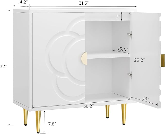 TOLEAD Storage Cabinet, Modern Cabinet with Decorative Flower Pattern Doors, Accent Sideboard Buffet Cabinet for Hallway, Living Room, Kitchen, White