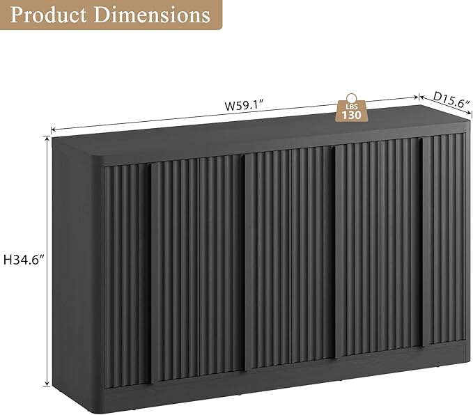 Fluted Buffet Cabinet with Storage, 120"Sideboard Buffet Cabinet with 8 Door, Modern Credenza Storage Cabinets with Adjustable Shelves, Solid Wood Handles for Kitchen, Dining, Living Room, Black(2PC)