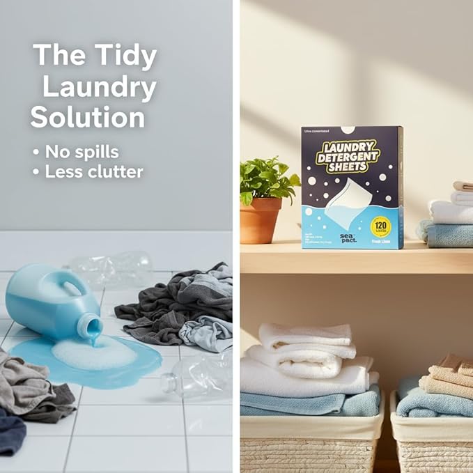 Laundry Detergent Sheets 120 Loads, Fresh Linen Scent, No Plastic No mess, Pre-Measured for Deep Clean Hypoallergenic, Space Saving, easy for Dorm Apartment house Travel, Quick Dissolve, 60 Ct