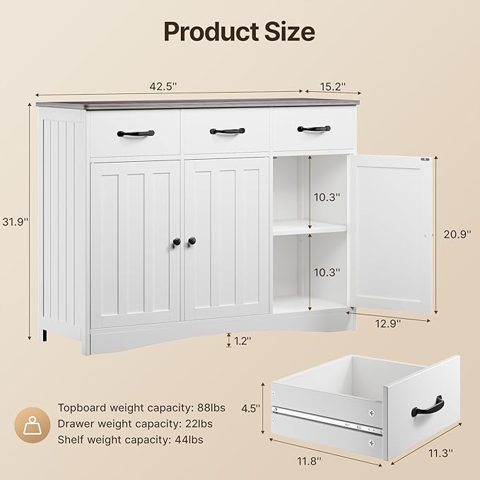 Gizoon Farmhouse Sideboard Buffet Cabinet, 42.5'' Kitchen Storage Cabinets with 3 Drawers and Barn Doors, Wood Coffee Bar Cabinet with Adjustable Shelf for Kitchen, Dining Room, Living Room, Grey