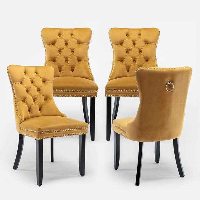 Velvet Upholstered Dining Chairs Set of 4, Modern Style Kitchen Side Chairs with Nailhead Trim and Wood Legs,Metal Pulling Ring for Dining Room Living Room(Gold)