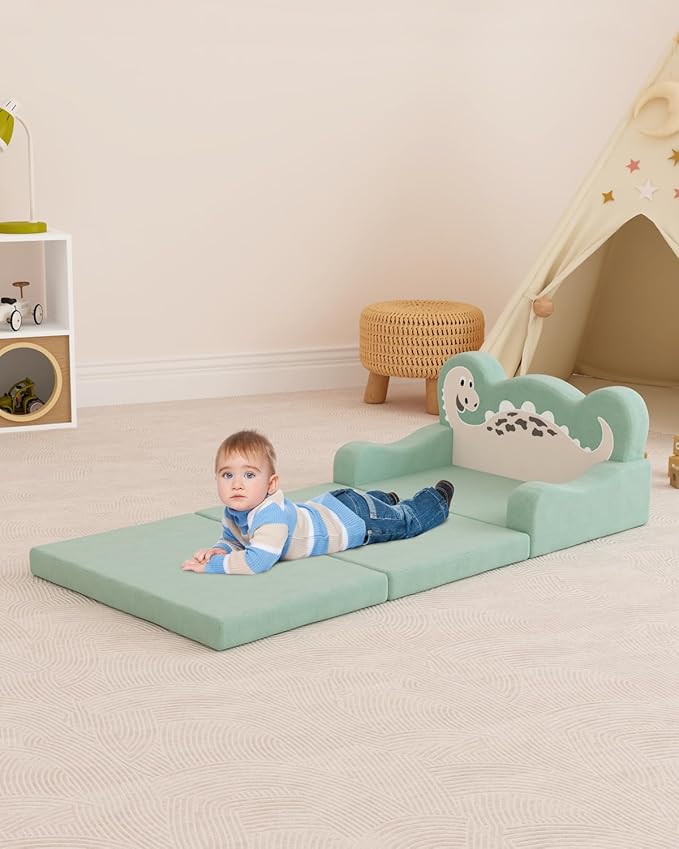 YACODAVO 2-in-1 Kids Couch Fold Out, Convertible Toddler Couch to Lounger, Toddler Chair Comfy, Kids Sofa for Girls and Boys, Gift for Birthday, Children's Day, Dinosaur Green