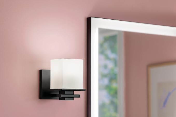 KICHLER Tully 6.5" 1-Light Wall Sconce with Satin Etched Cased Opal Glass in Black for Vanity, Living Room, Dining Room, Bedroom, Laundry Room, Mudroom, Hallway, Stairwell (6.5 x 5 x 7), 45149BK
