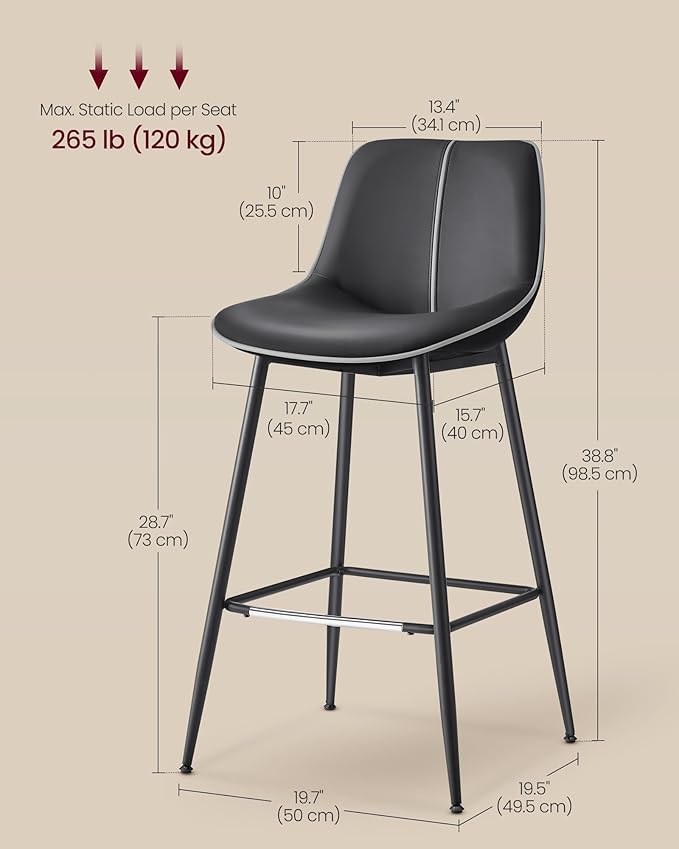 VASAGLE Bar Stools Set of 2, Bar Height Bar Stools with Back, Ergonomic Backrest, Synthetic Leather, Metal Legs, 28.7-Inch Tall Barstools for Kitchen Island Home Bar, Easy Assembly, Ink Black