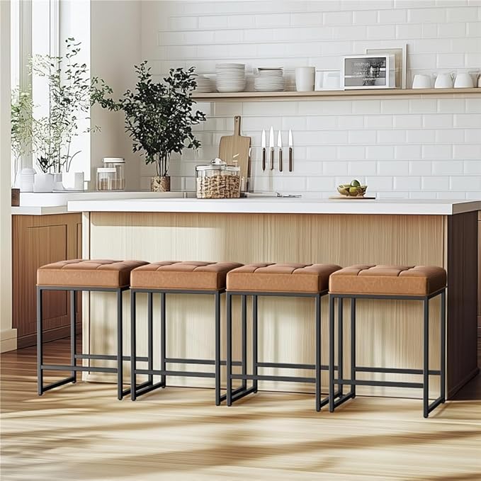 Yaheetech Bar Stools Set of 2, 24 Inch Counter Height Bar Stools Set, Backless Kitchen Island Stools, Faux Leather Stools for Kitchen Island, Brown