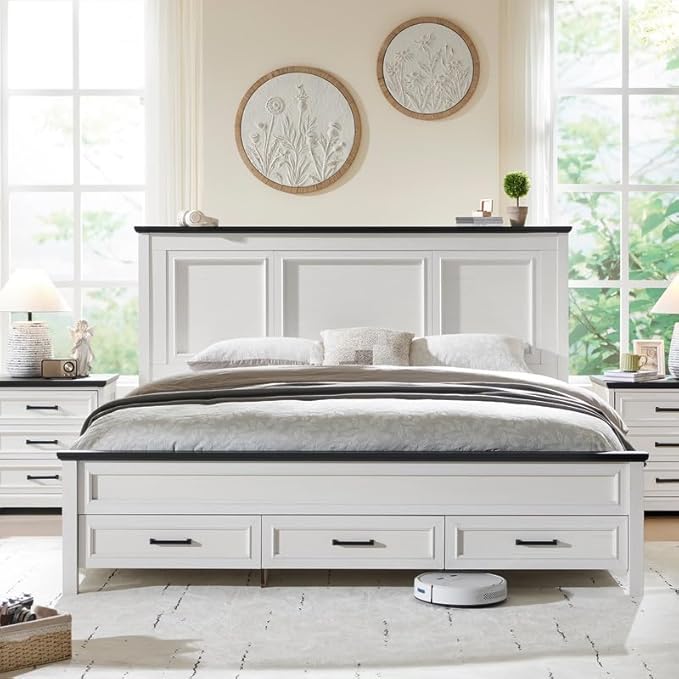 ACCOHOHO Farmhouse King Size Bed Frame with 52" Tall Headboard, Wood Platform Bedframe with Footboard and Storage Drawers, No Squeak, No Box Spring Needed, Off White