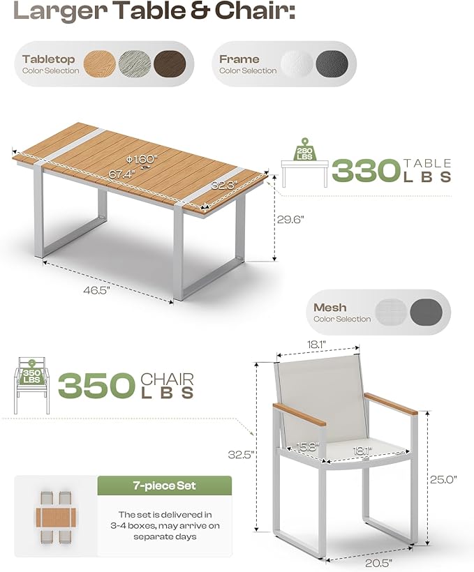 Outdoor Table and Chairs of 4, Patio Dining Sets, HDPS + Aluminum Outdoor Furniture Set with Umbrella Hole, Patio Dining Table Set (White-Teak)