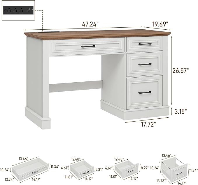 Vabches Farmhouse 47" Executive Desk, Computer Desk with Drawers and File Drawer, Workstation Computer Desk with Charging Station for Home Office,Study,Unique White.