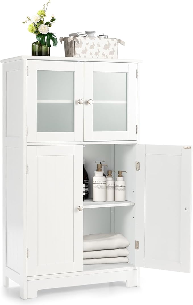 LOKO Bathroom Floor Cabinet, Storage Cabinet with Glass Doors, Wooden Kitchen Cupboard with Adjustable Shelf, Versatile Floor Storage Cabinet for Bathroom, Living Room & Kitchen (White)