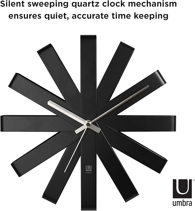 Umbra Ribbon Modern 12-inch Wall Clock, Battery Operated Quartz Movement, Silent Non Ticking Wall Clocks, Black