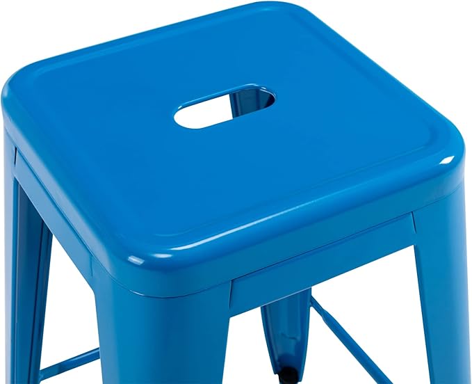 Vogue Furniture Direct 24 Inch Metal Bar Stools, Backless Counter Height Barstools, Indoor Outdoor Stackable Stools with Square Seat, Set of 2 (Blue)