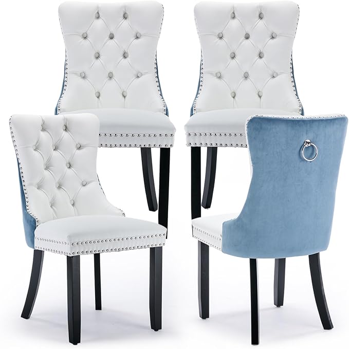 Leather Upholstered Dining Chairs Set of 4, Modern Style Kitchen Side Chairs with Nailhead Trim and Wood Leg, Metal Pulling Ring for Dining Room Living Room(White&Blue,Set of 4)