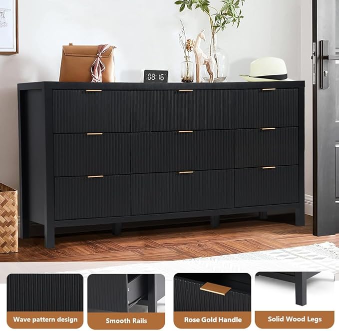 Fluted 9 Drawer TV Stand Dresser for Bedroom, Mid Century Modern Dresser with Drawers, Storage Organizer with 9 Drawers, Fluted Cabinet for Closet Cloth, Living Room, Entryway -Black