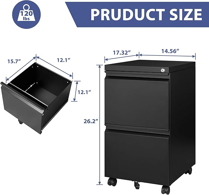 Rolling File Cabinet with Lock, 2 Drawer Metal Mobile Office Filing Cabinet Under Desk for Legal/Letter Size(Assembly Required)