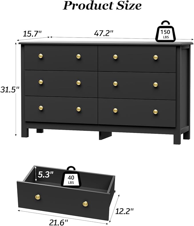 Black Dresser, Modern 6 Drawer Double Dresser for Bedroom with Gold Knobs, Adults & Kids Wide Dressers & Chests of Drawers for Hallway, Entryway