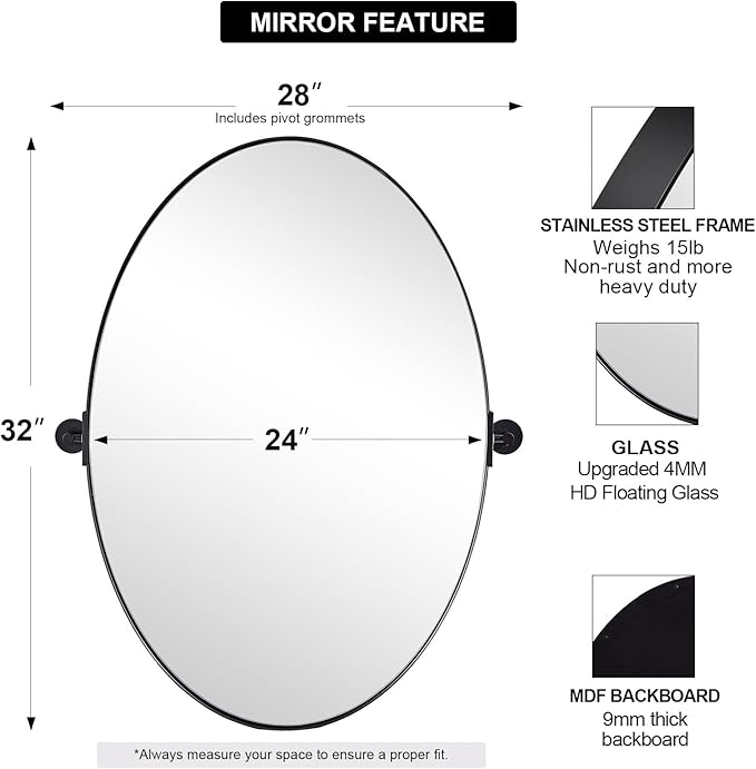 ANDY STAR Black Mirror for Bathroom, 24 x 32 Inch Oval Wall Mirror with Stainless Steel Metal Frame, Pivot Vanity Mirror Vertical Hanging for Modern Style Room