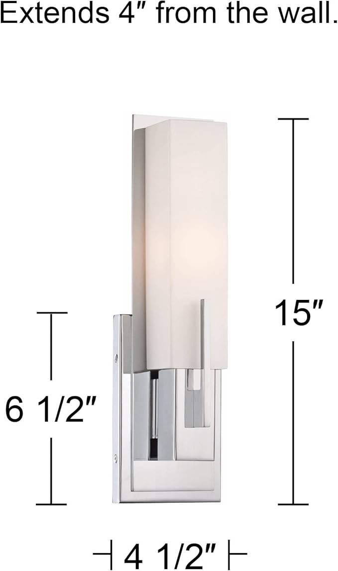 Possini Euro Design Midtown Modern Wall Mount Light Sconce Chrome Hardwired 15" High Fixture Rectangular Opal White Glass for Bedroom Bathroom Bedside Living Room Home Hallway Dining Kitchen