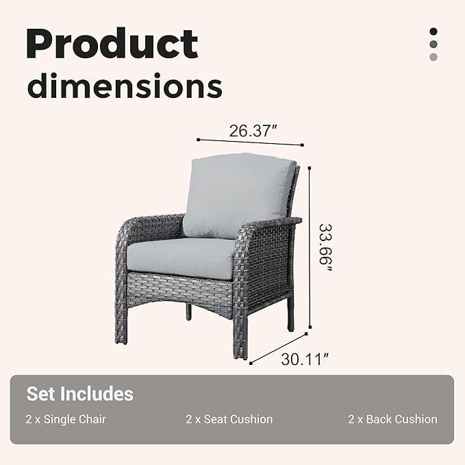 2 Pieces Wicker Patio Chairs - Outdoor Rattan Chairs Set of 2,All-Weather PE Wicker Dining Chair Set with High Back and Deep Seating for Deck Porch,Grey