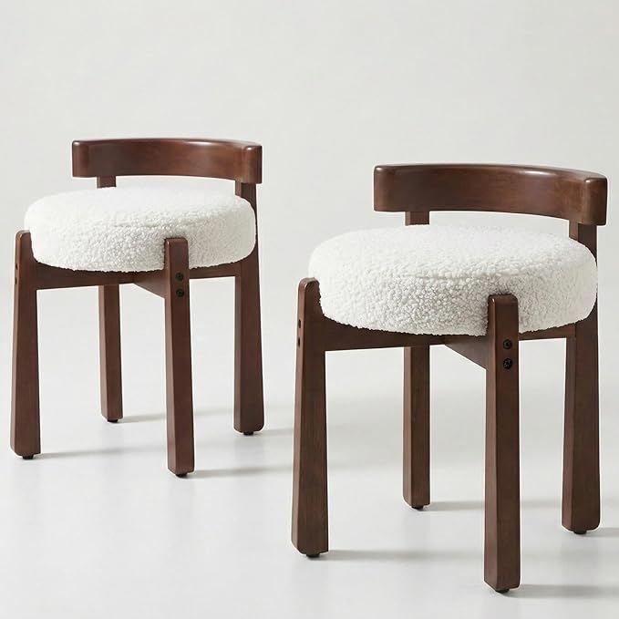 HNY Modern Boucle Ottoman : Upholstered Vanity Chair with Solid Wood Legs, Cute Round Footrest for Bedroom & Living Room, White