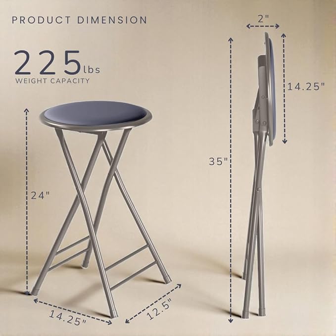 Lavish Home Folding Stool - Backless 24-Inch Stool with 225lb Capacity for Kitchen or Rec Room - Portable Indoor Counter Bar Stools (Gray)