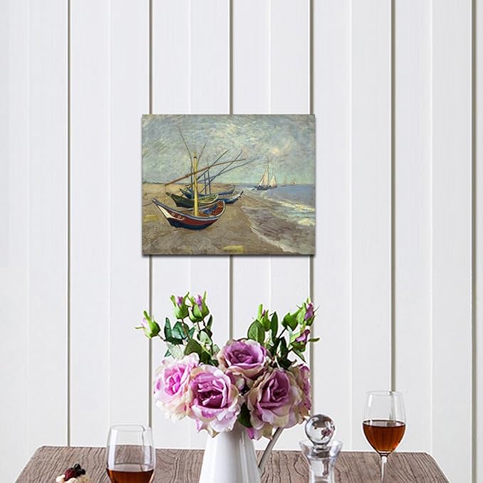Wieco Art Fishing Boats on the Beach at Les Saintes Maries Modern Giclee Canvas Prints of Van Gogh Famous Oil Paintings Reproduction Seascape Pictures on Canvas Wall Art Work For Home Decorations