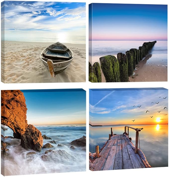 Wieco Art Seaview Sea Beach Canvas Prints Wall Art Large Modern 4 Panels Seascape Giclee Paintings Pictures Stretched and Framed Landscape Artwork Ready to Hang for Home Decorations