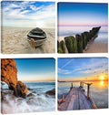 Wieco Art Seaview Sea Beach Canvas Prints Wall Art Large Modern 4 Panels Seascape Giclee Paintings Pictures Stretched and Framed Landscape Artwork Ready to Hang for Home Decorations
