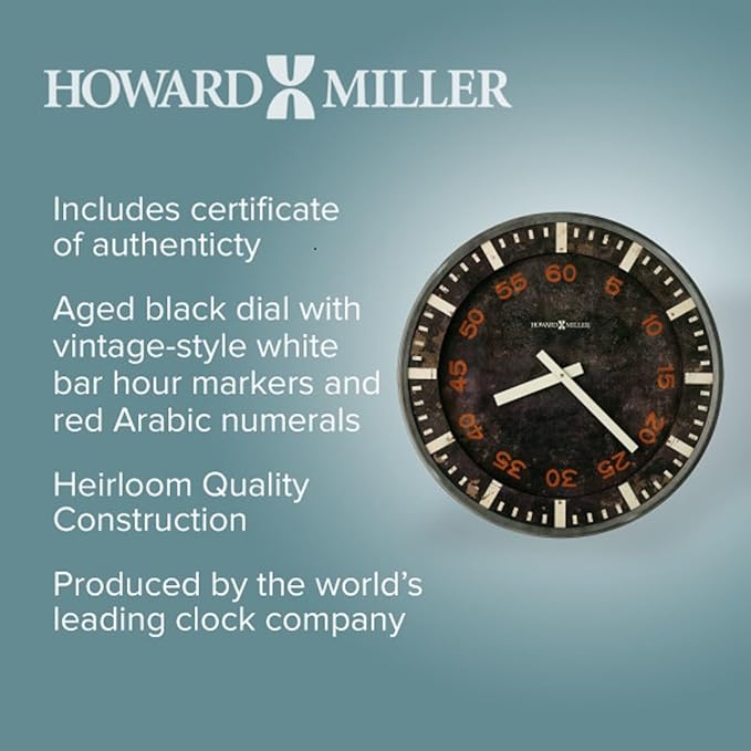 Howard Miller Old School Gallery Wall Clock, Classic Round Design Black Dial with Red Arabic Numerals Wall Mount, Battery Powered Quartz Movement Best for Home Decor & Office Decor Black Finish
