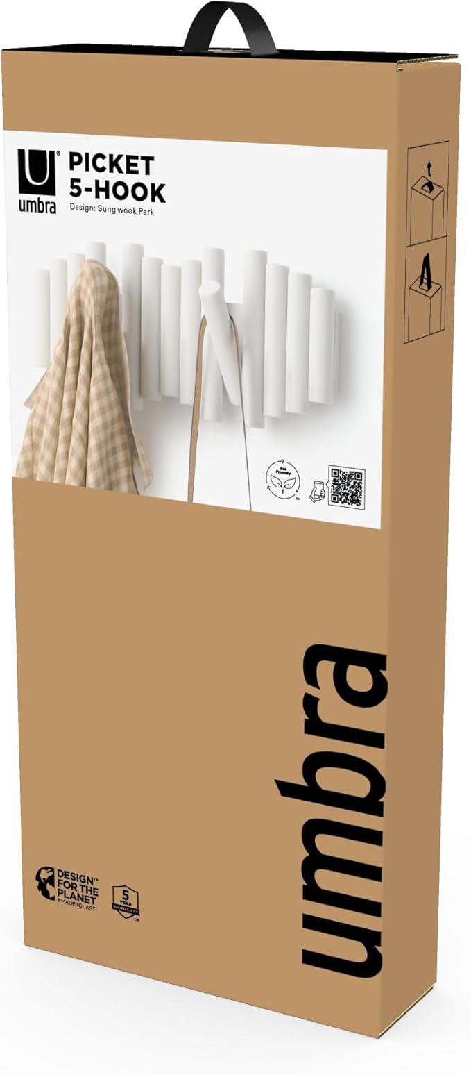 UMBRA Picket Rail Wall Stylish and Functional Hook with Five Hoops (White) (Pack of 3)